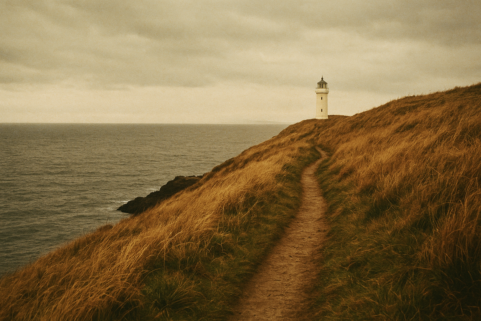 Narrow cliff path leading to a white lighthouse above dark water