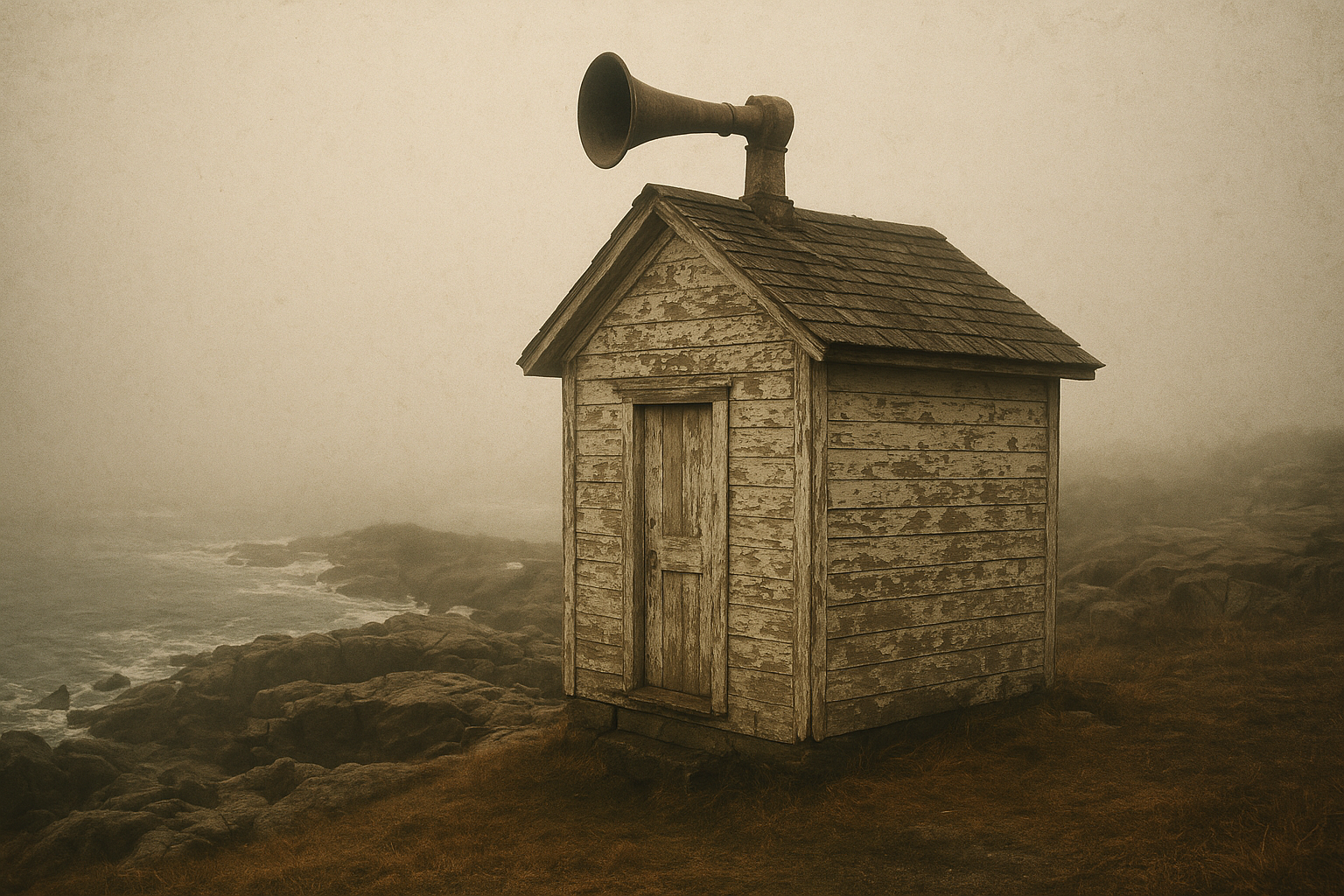 Weathered fog signal house beside a rocky shoreline
