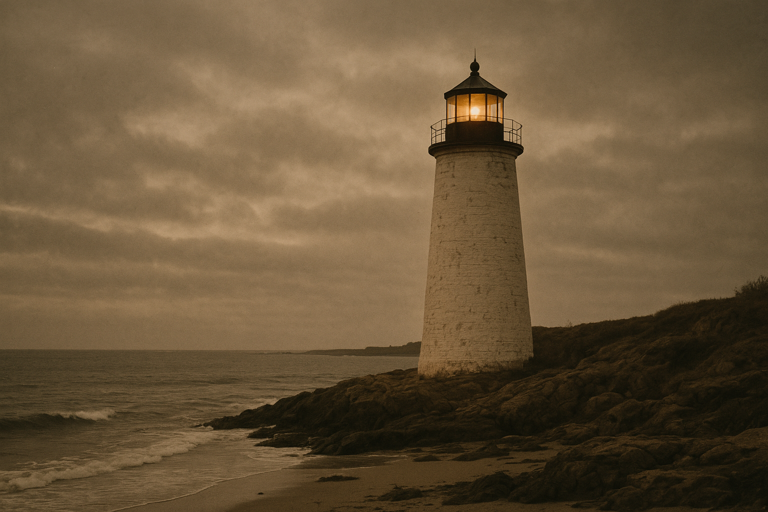 Harbor lighthouse at dusk with low clouds and gentle surf
