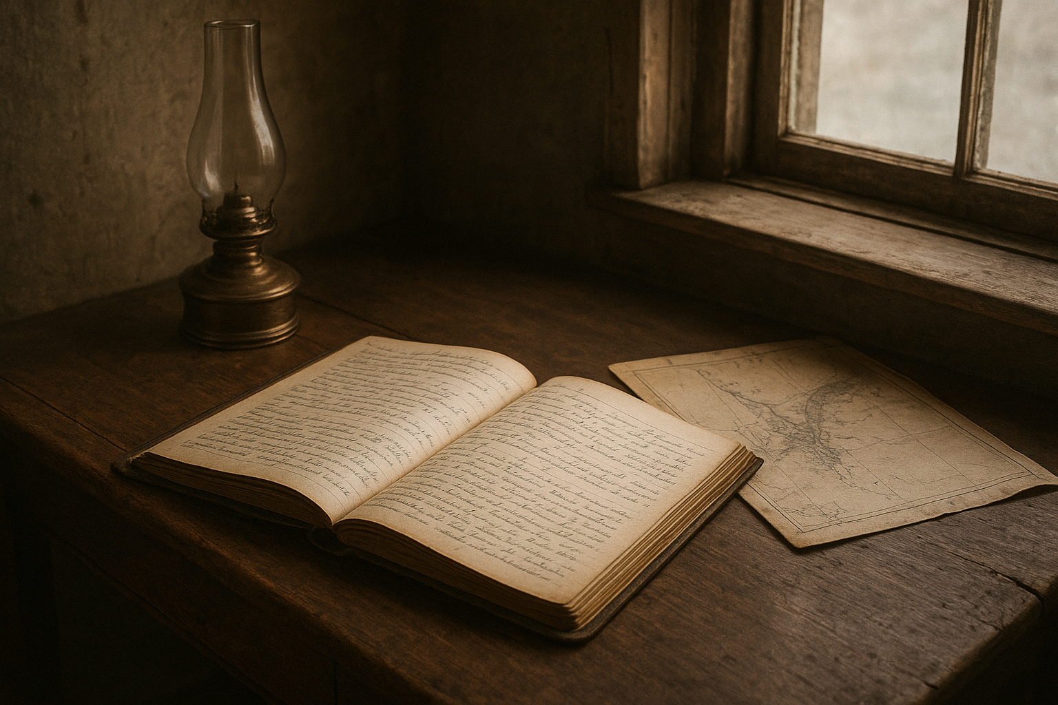 Keeper writing desk with logbook, brass lamp, and sea chart