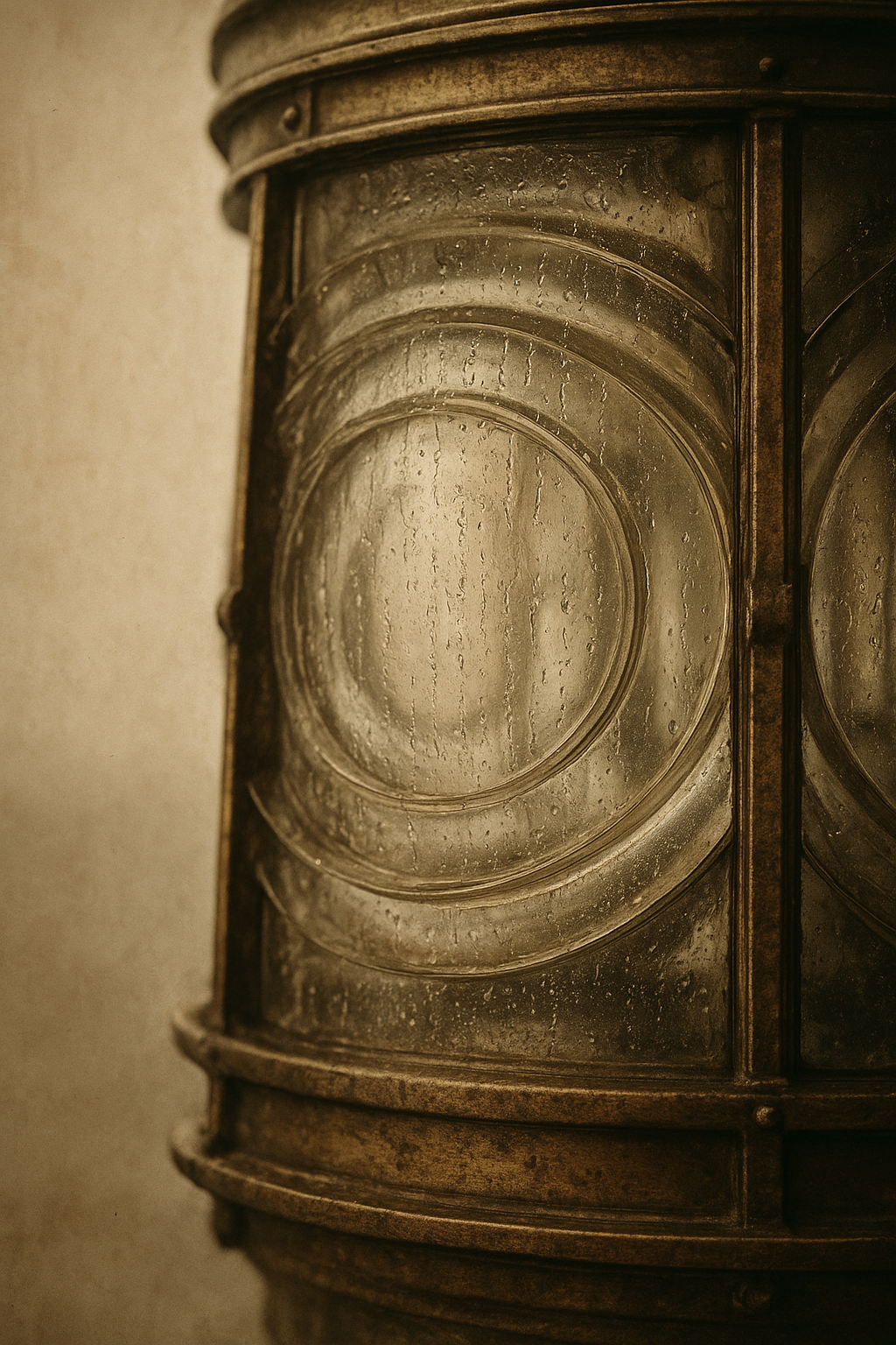 Close view of a fresnel lens with aged brass frame and rain-streaked glass