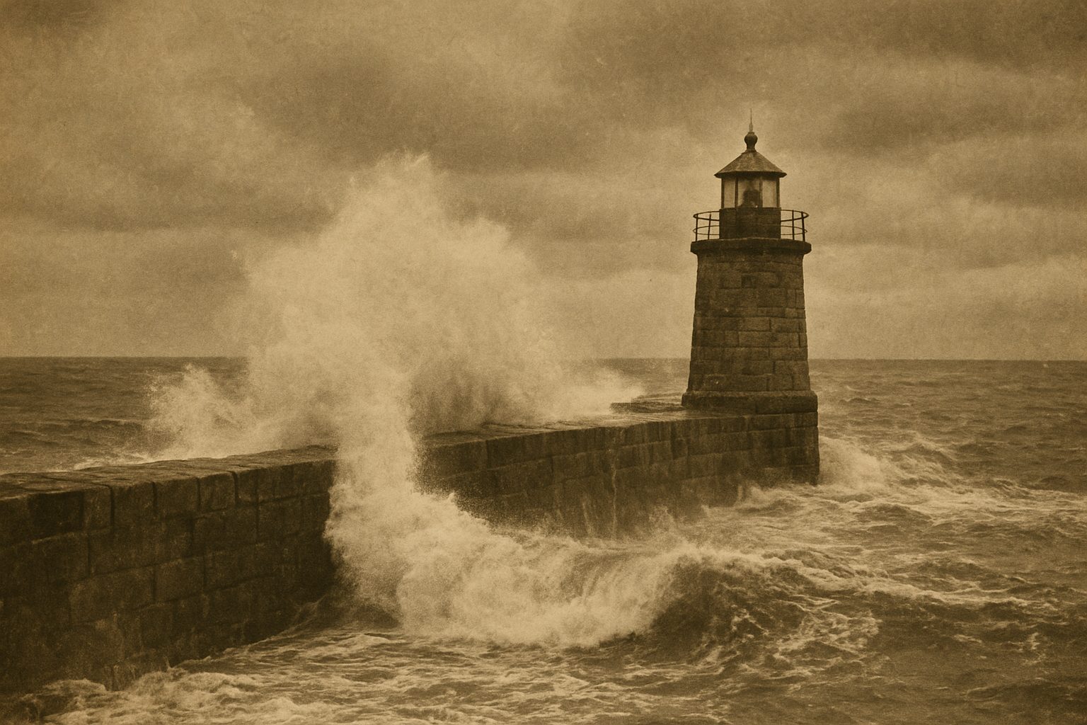 Stone breakwater and beacon tower during rough northern swells