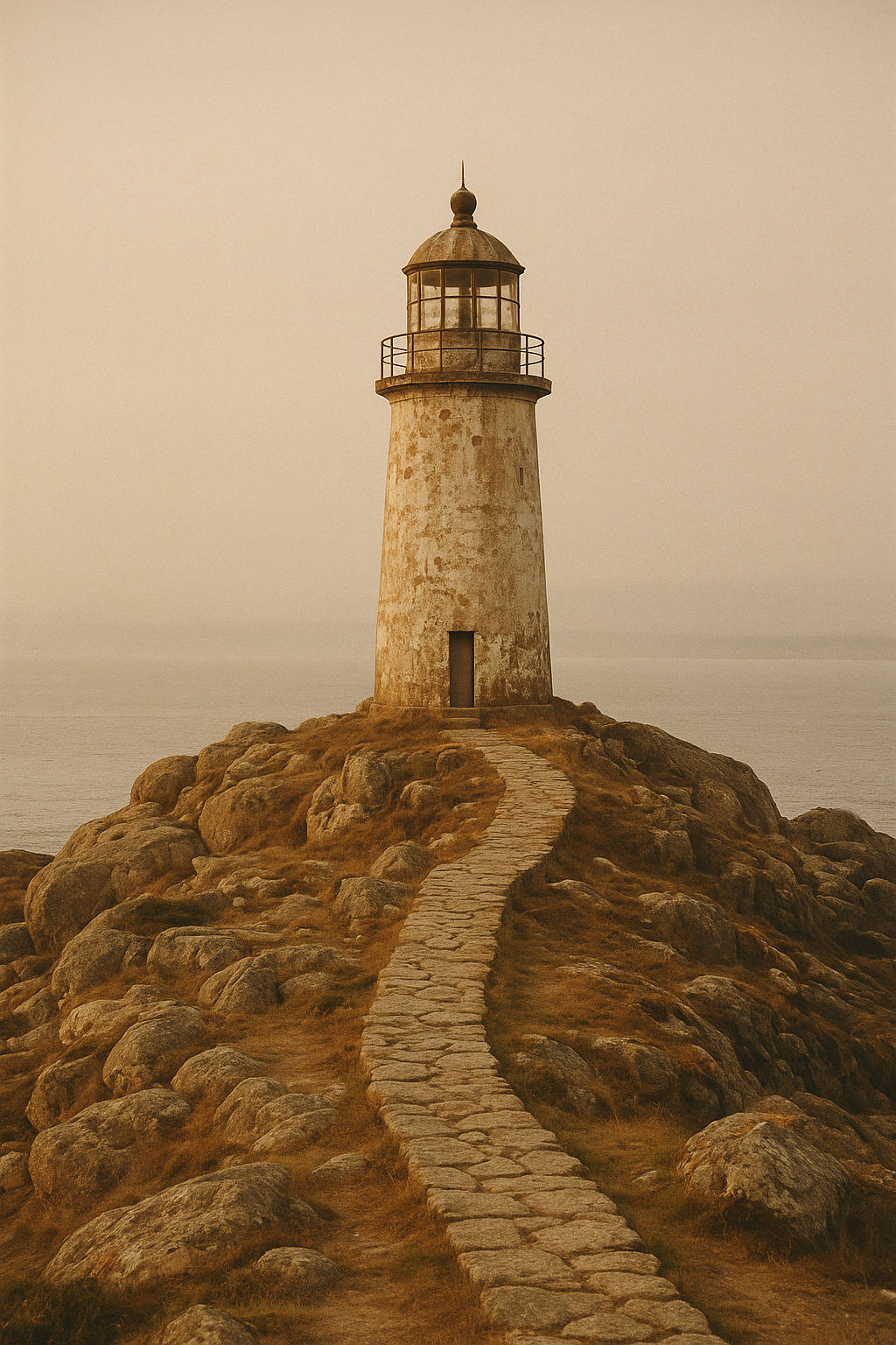 Weathered northern coast lighthouse with a stone path and sea haze in warm late-afternoon light