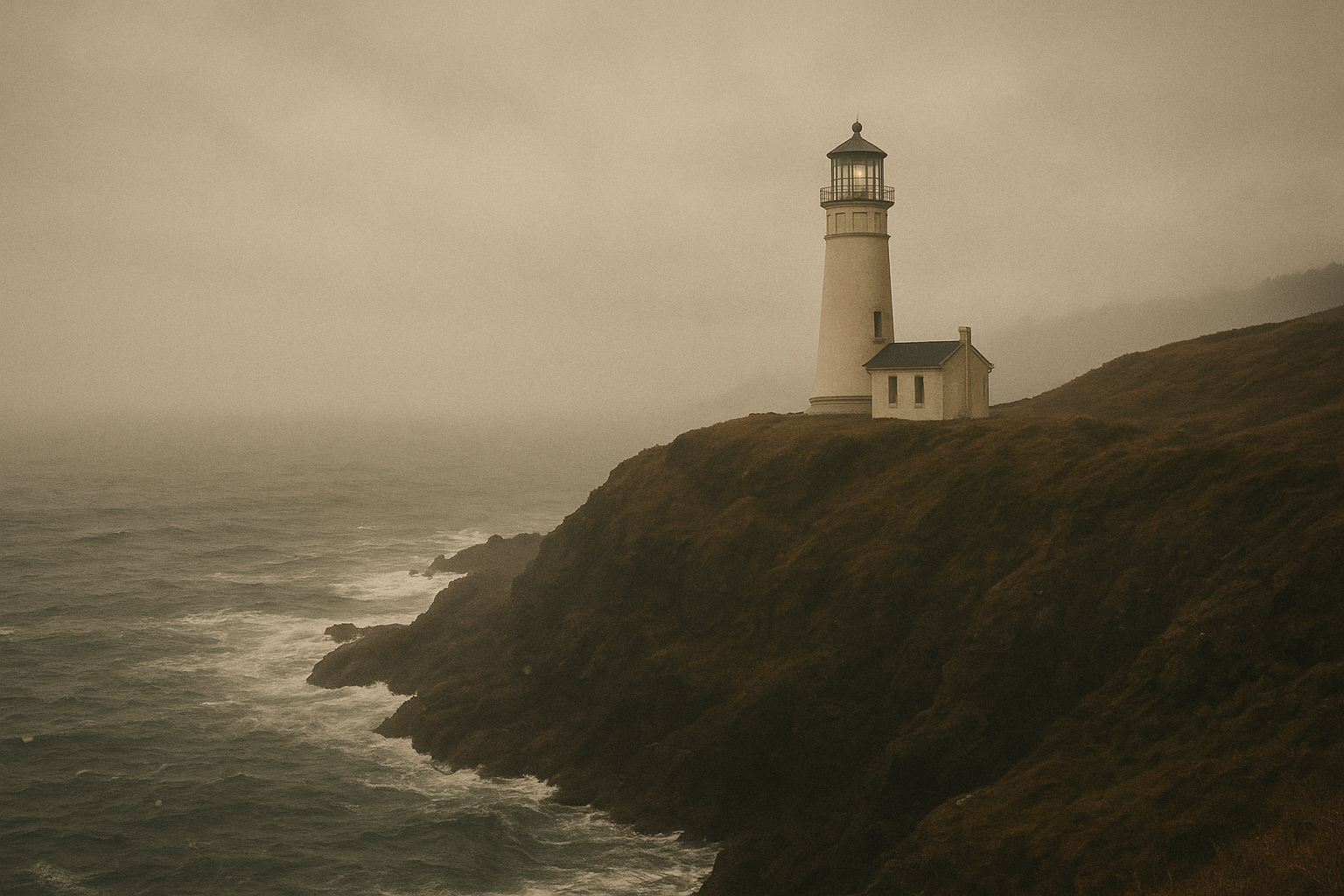 Historic lighthouse on the northern coast above rugged cliffs in misty sea weather, captured in a warm film-photography atmosphere