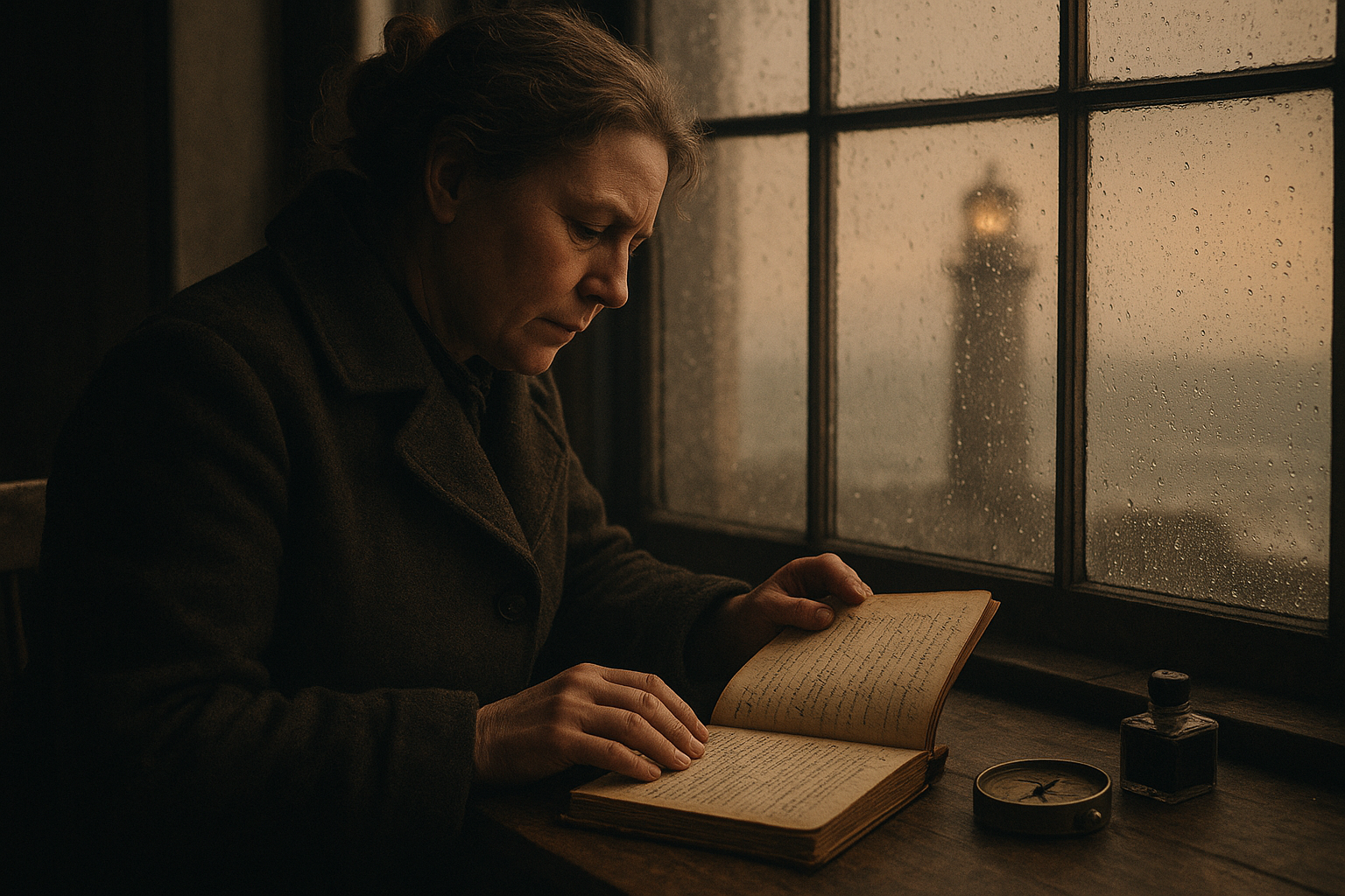 Keeper reviewing a worn logbook beside a lighthouse window at dawn