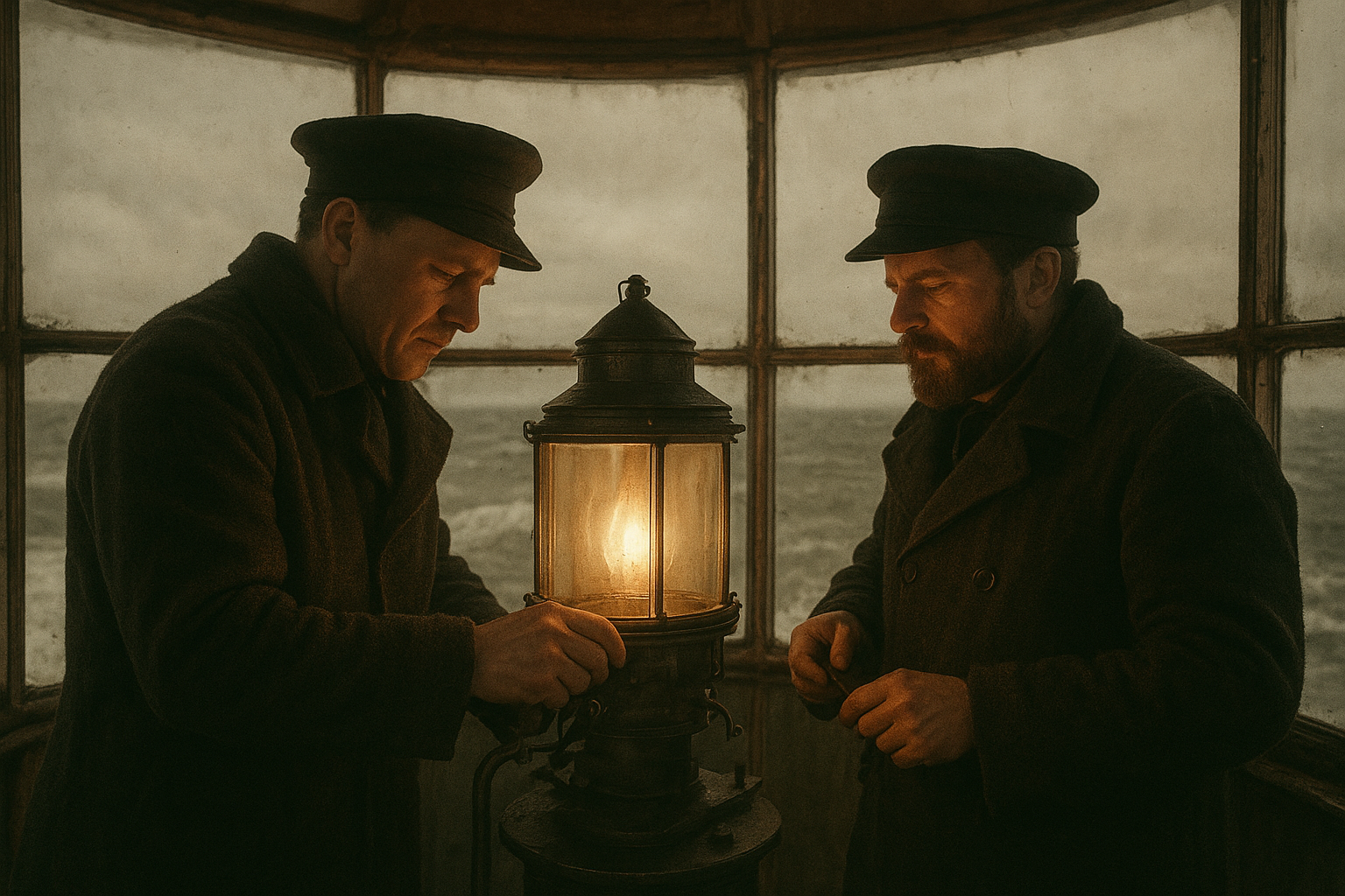 Two keepers in heavy coats preparing a lantern room during rough coastal weather