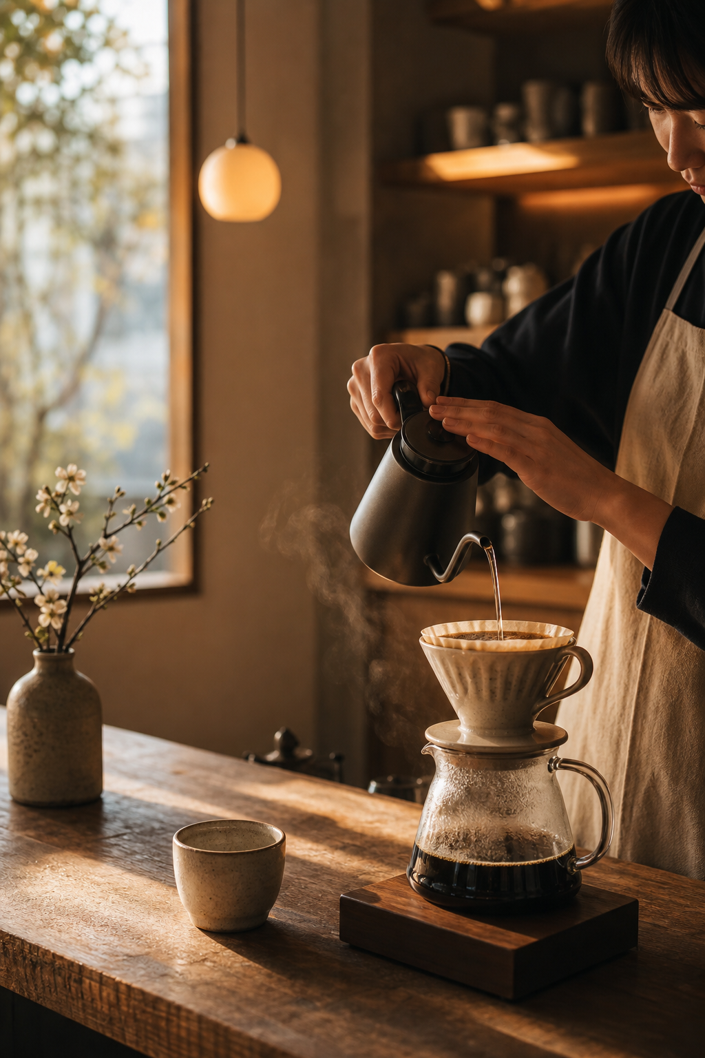Barista pouring hand-drip coffee over a ceramic dripper at a wooden counter in a softly lit Japanese café interior