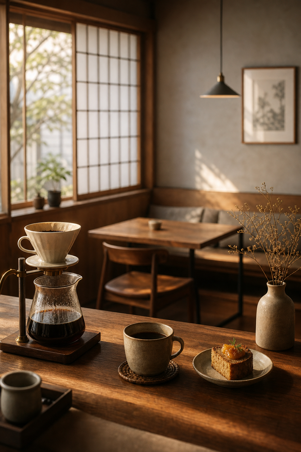 Softly lit Japanese café interior with hand-drip coffee tools on a wooden counter and calm seating