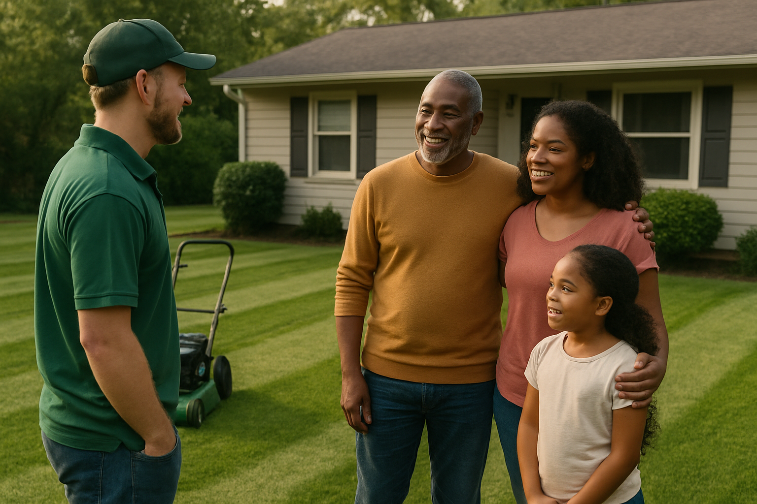 Lawn care team member and a local family standing beside a freshly mowed yard in a South Carolina neighborhood