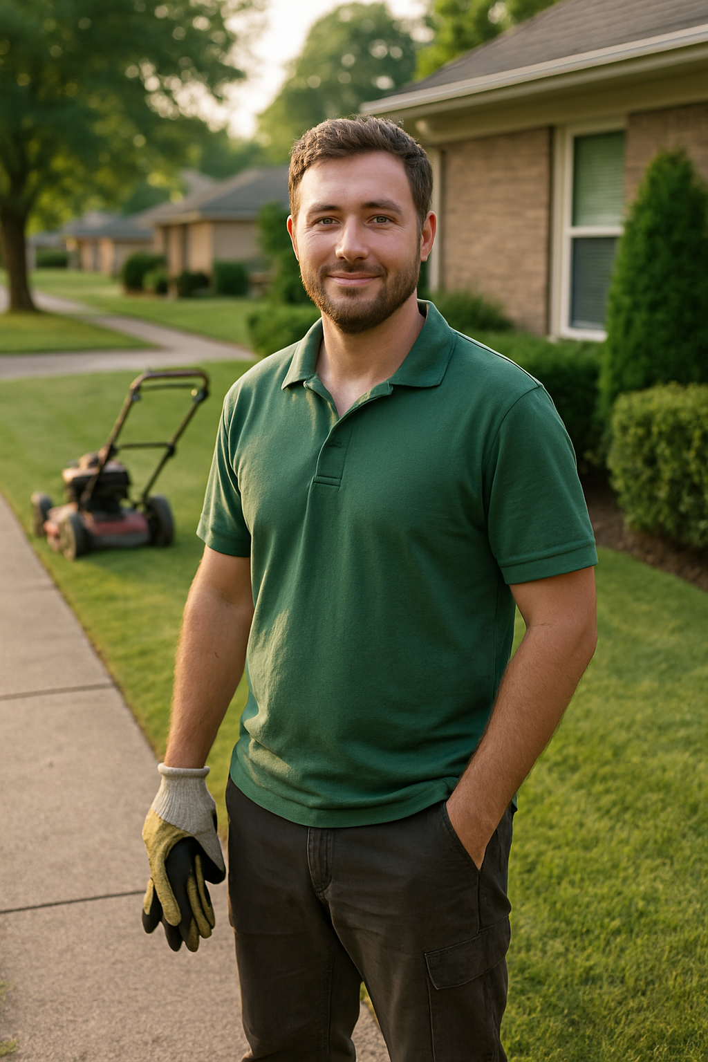 Founder of Cutting For A Cause Lawn Care Services LLC standing beside a freshly mowed lawn in a South Carolina neighborhood, wearing work clothes with a friendly and confident expression