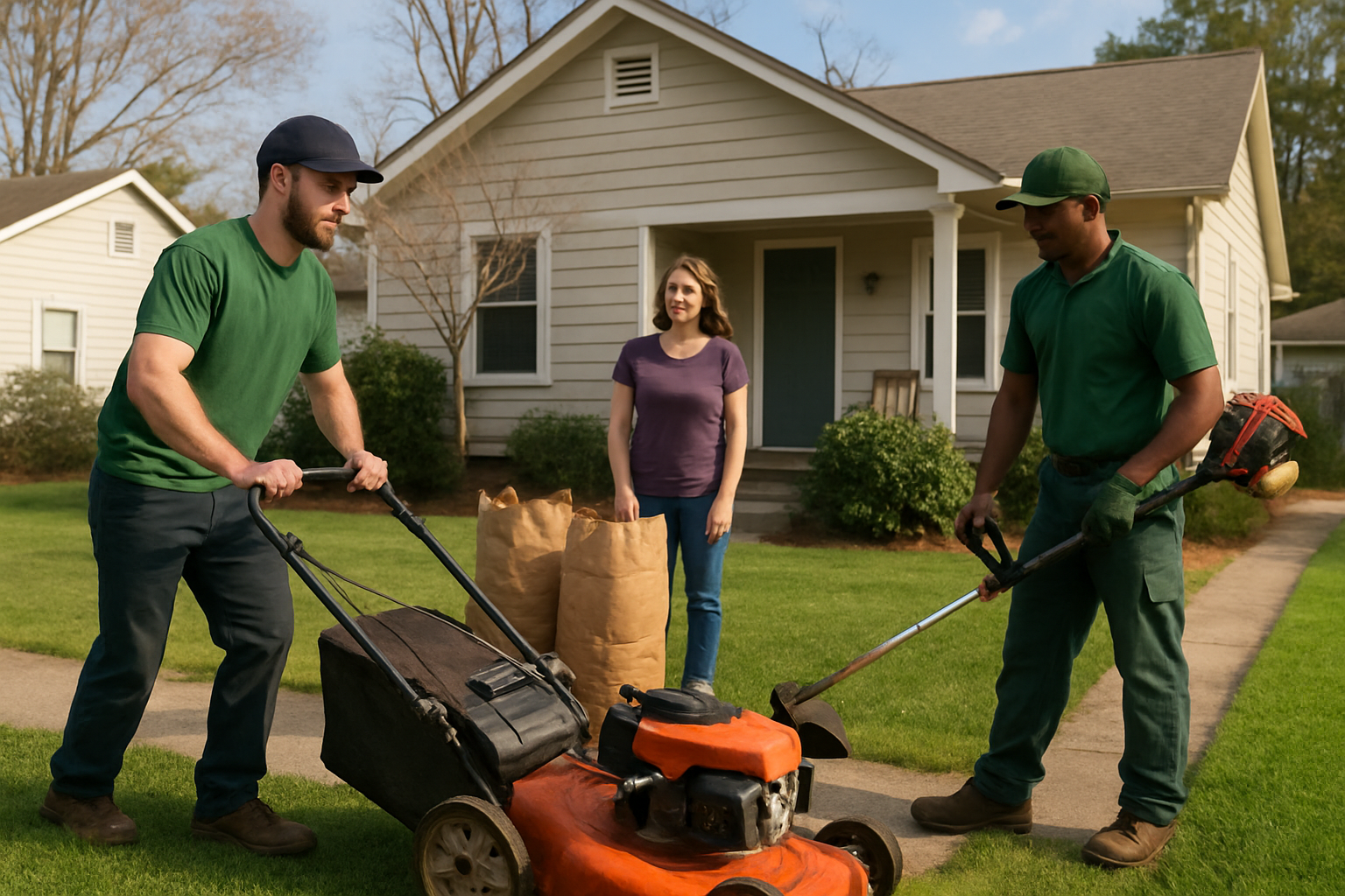 Local lawn care team and sponsors supporting a family yard cleanup in a South Carolina neighborhood