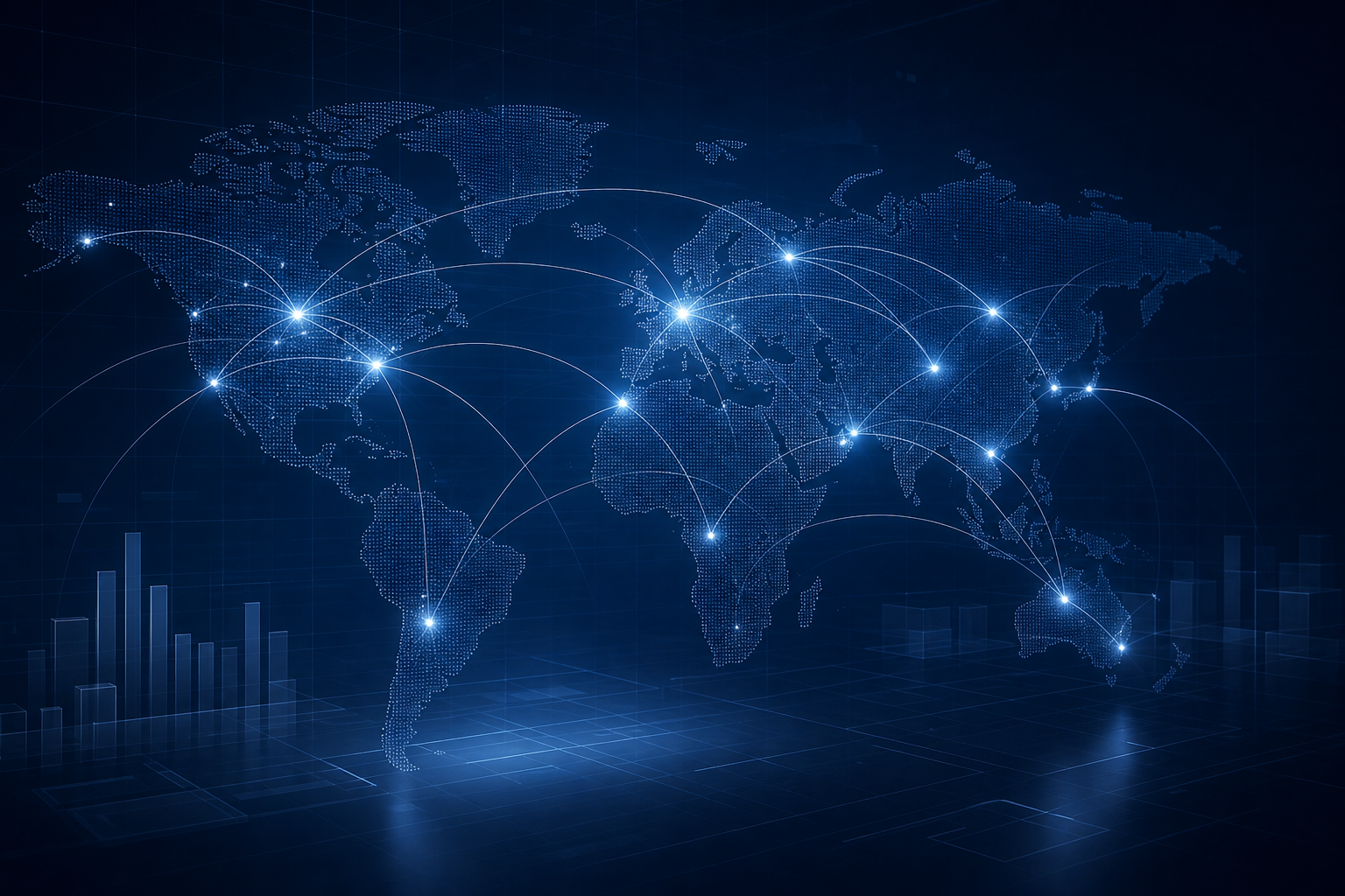 Abstract premium corporate visual of a global procurement network with layered lines, nodes, and a subtle world map grid