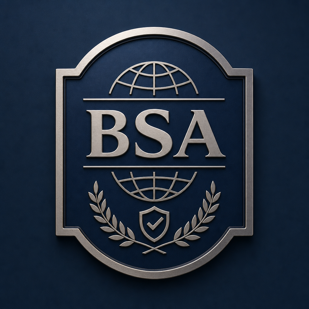 BSA certification badge with a formal navy plaque mark