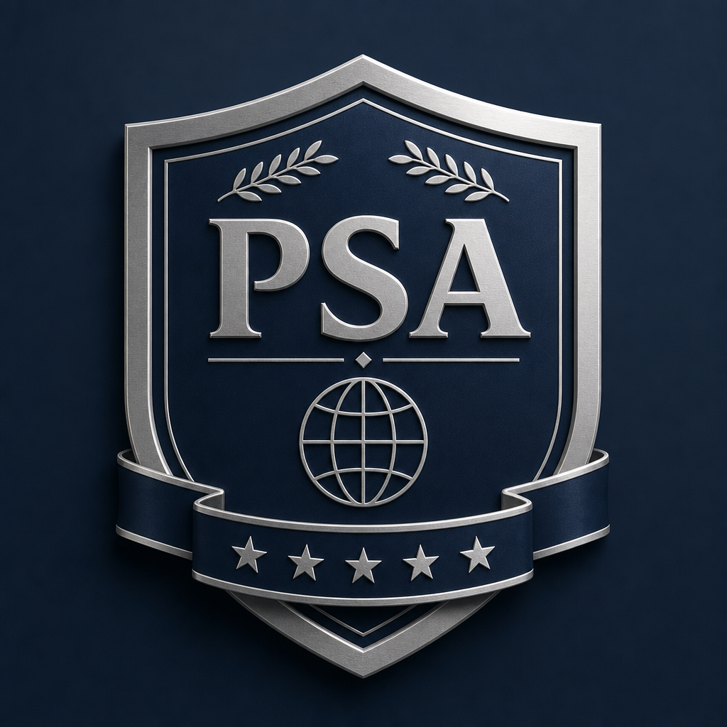 PSA institutional accreditation badge in steel gray and navy