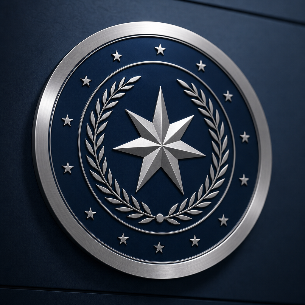 Official corporate seal plaque with deep navy enamel, steel-gray rim, and a centered institutional star crest