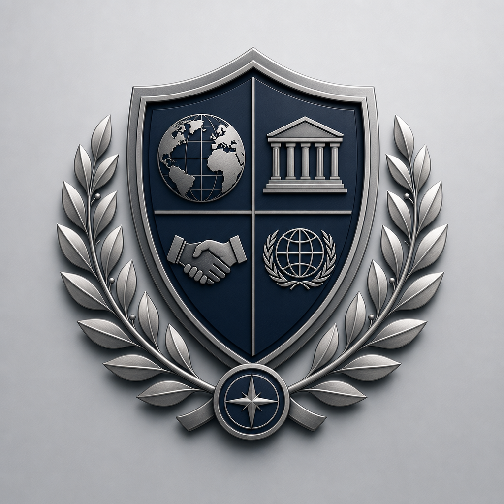 Secondary institutional crest badge in navy and steel gray with a shield and laurel structure