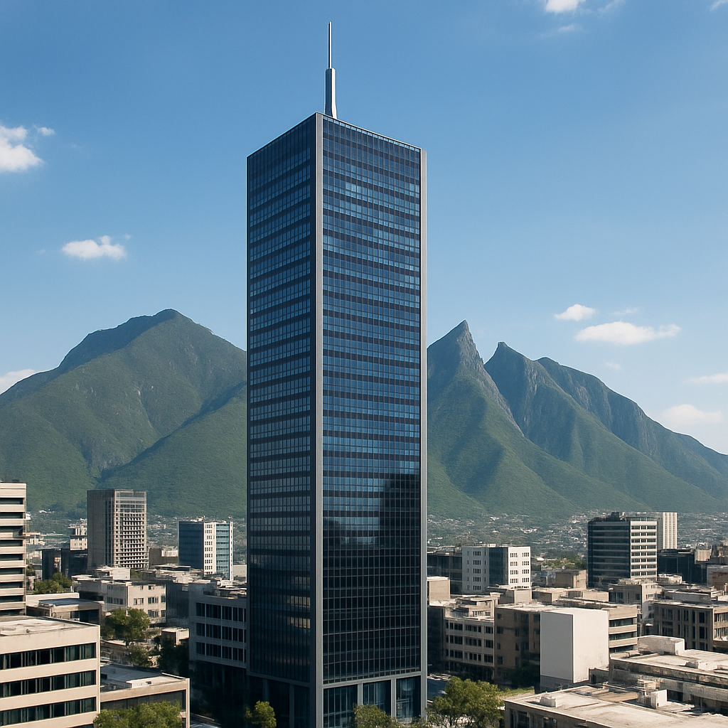 Monterrey, Mexico Office - Modern high-rise office tower in Monterrey, Mexico, mountains in the background, bright daylight, business district