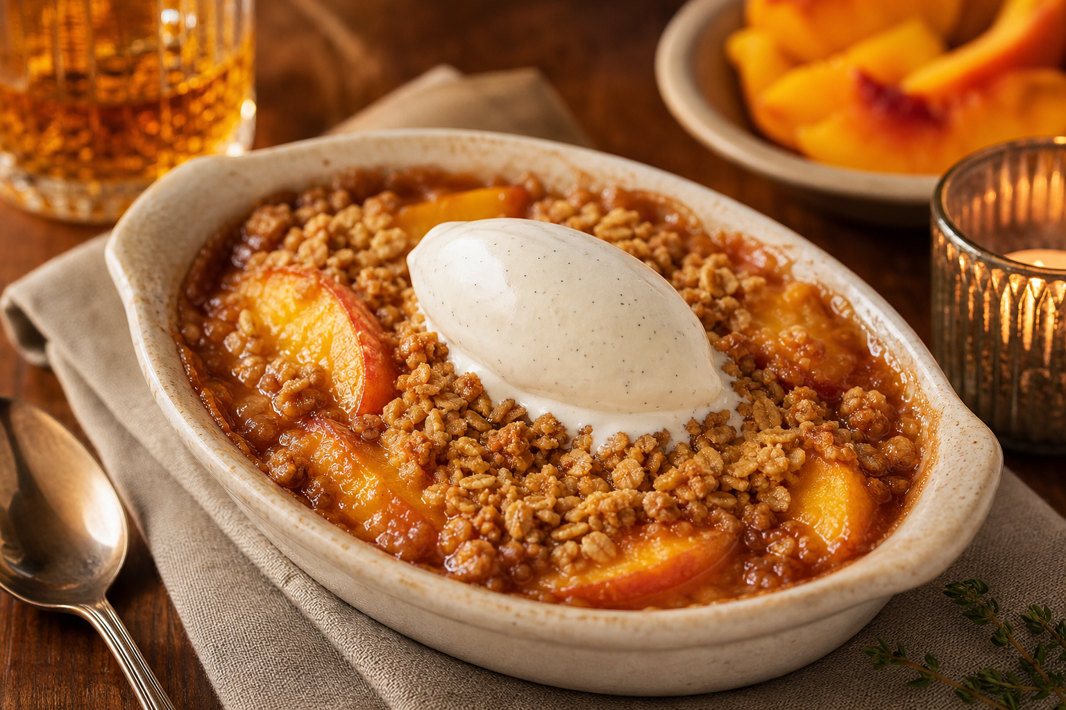 Warm bourbon peach cobbler with toasted oat crumble and vanilla bean cream