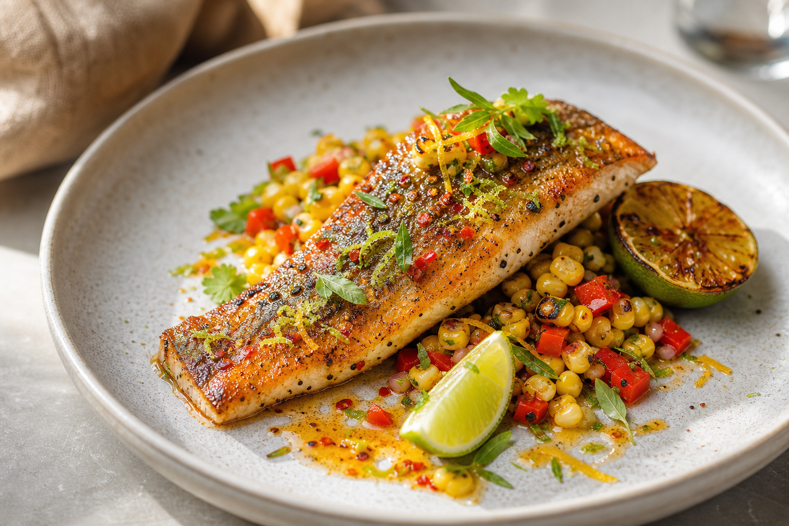 Pan-seared trout with chili lime glaze, charred corn salad, and citrus zest