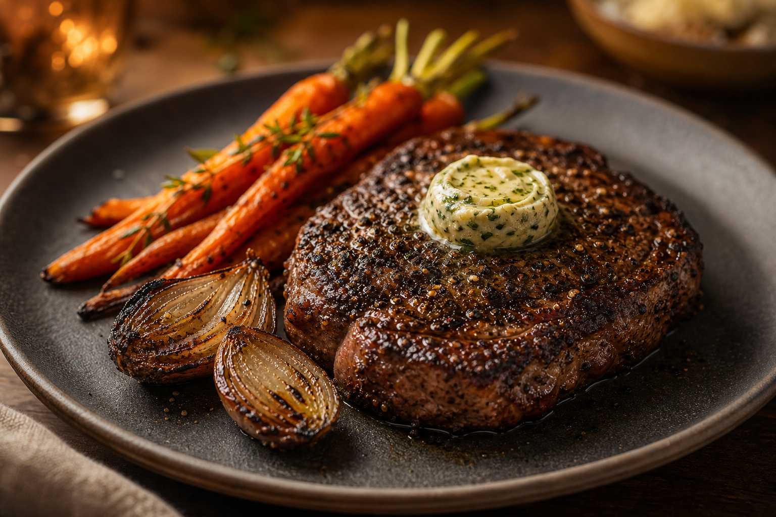 Smoked black pepper ribeye with charred shallots, herb butter, and ember-roasted carrots on a stoneware plate