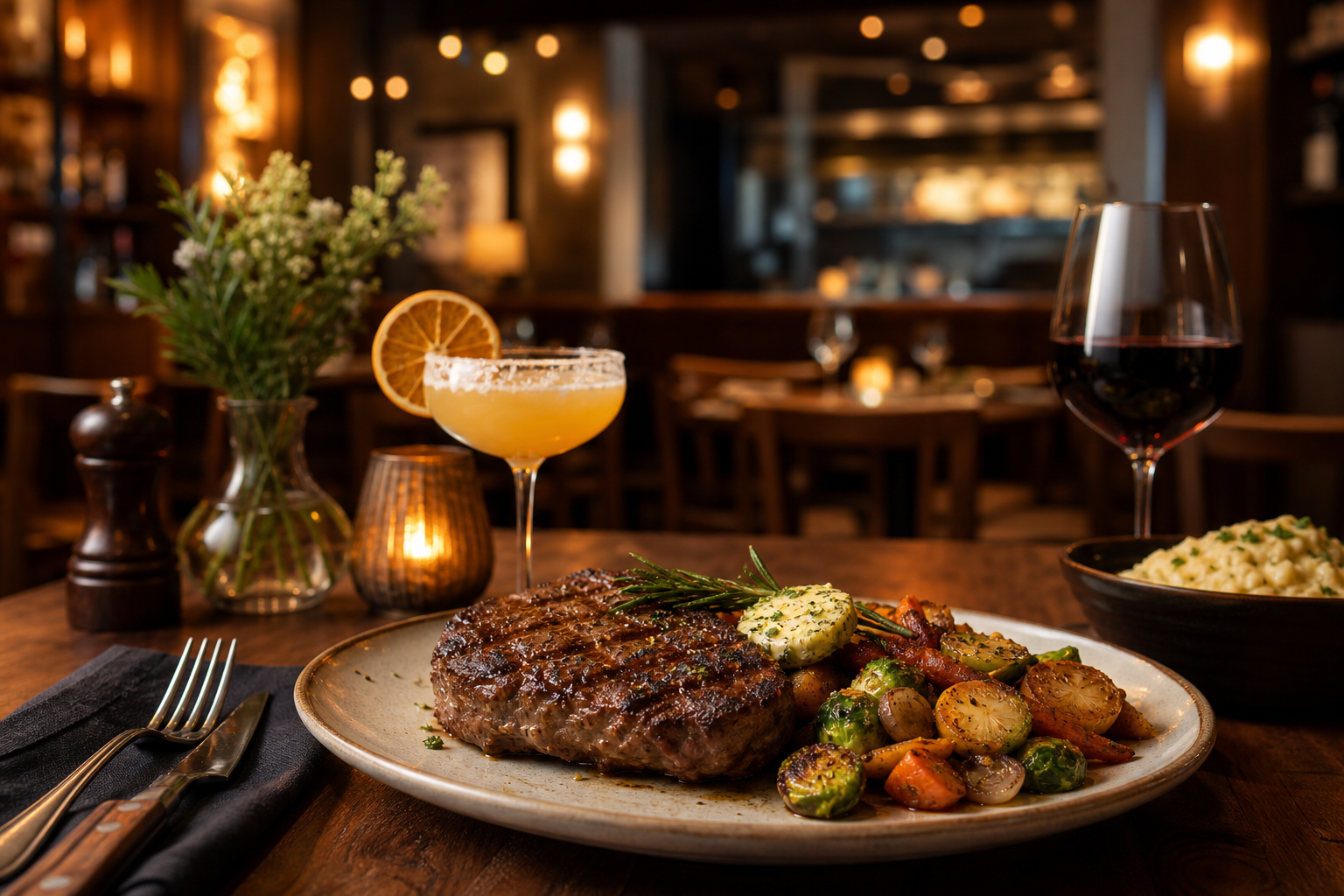 An upscale Western restaurant table with a grilled steak, roasted vegetables, and a cocktail in a warmly lit Dallas dining room