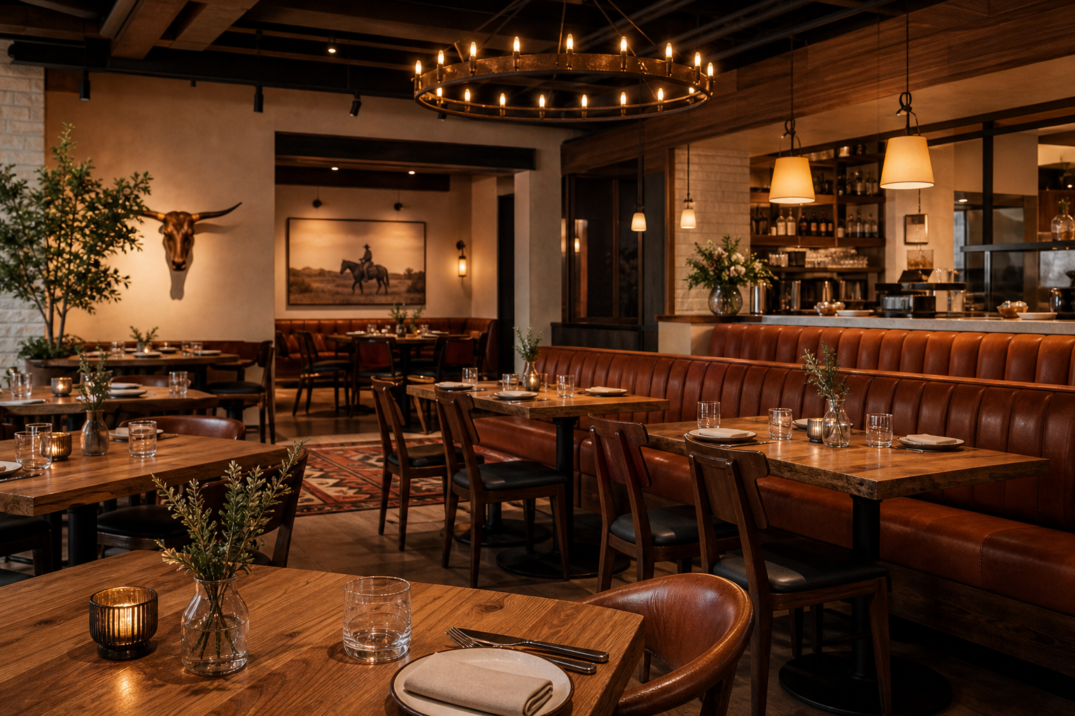Warm western-style restaurant interior with wood tables, leather banquettes, soft pendant lighting, and a cozy Dallas dining atmosphere