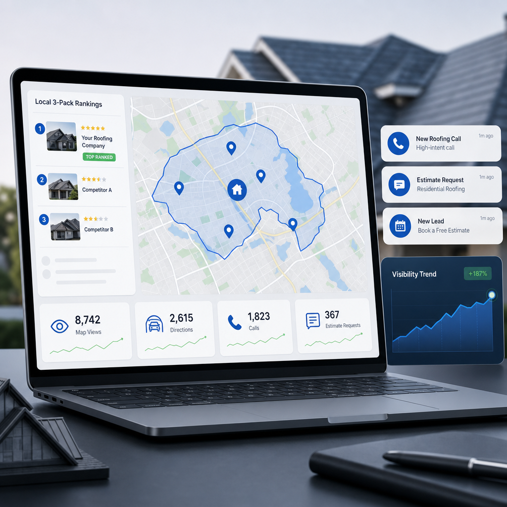Clean roofing marketing dashboard showing Google Maps 3-Pack position movement, nearby roofer comparison, service-area signal strength, and incoming high-intent roofing call alerts