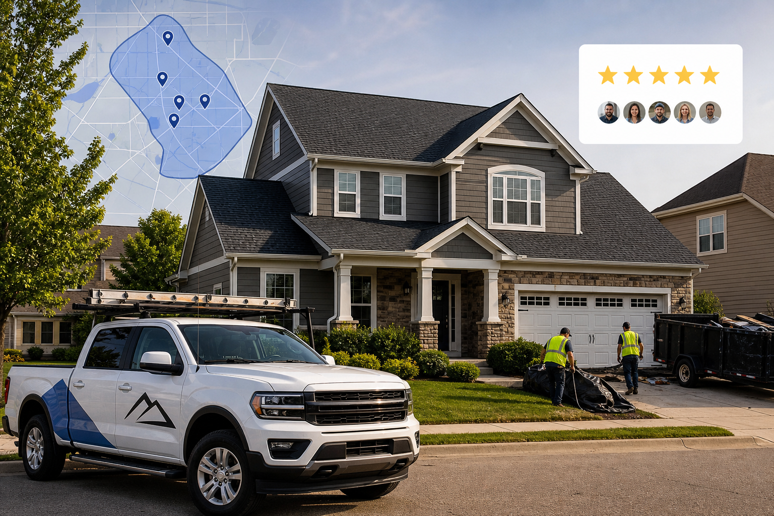 Authentic roofing proof photo showing a finished asphalt-shingle roof and branded roofing crew truck on a residential street, with subtle local-market authority overlays for service area and review credibility