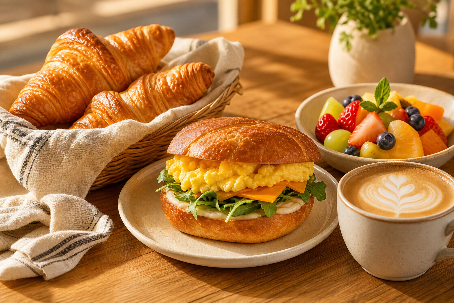 Warm, bright breakfast spread with golden croissants, a stacked egg sandwich, fresh fruit, and a latte on a wooden table