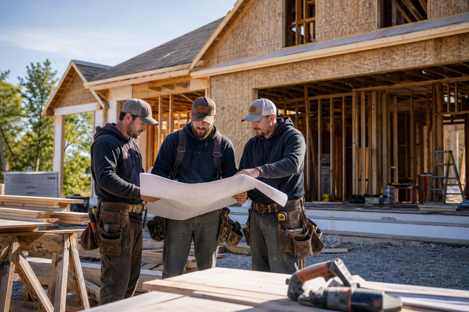 Construction team reviewing framing plans beside a partially built custom home