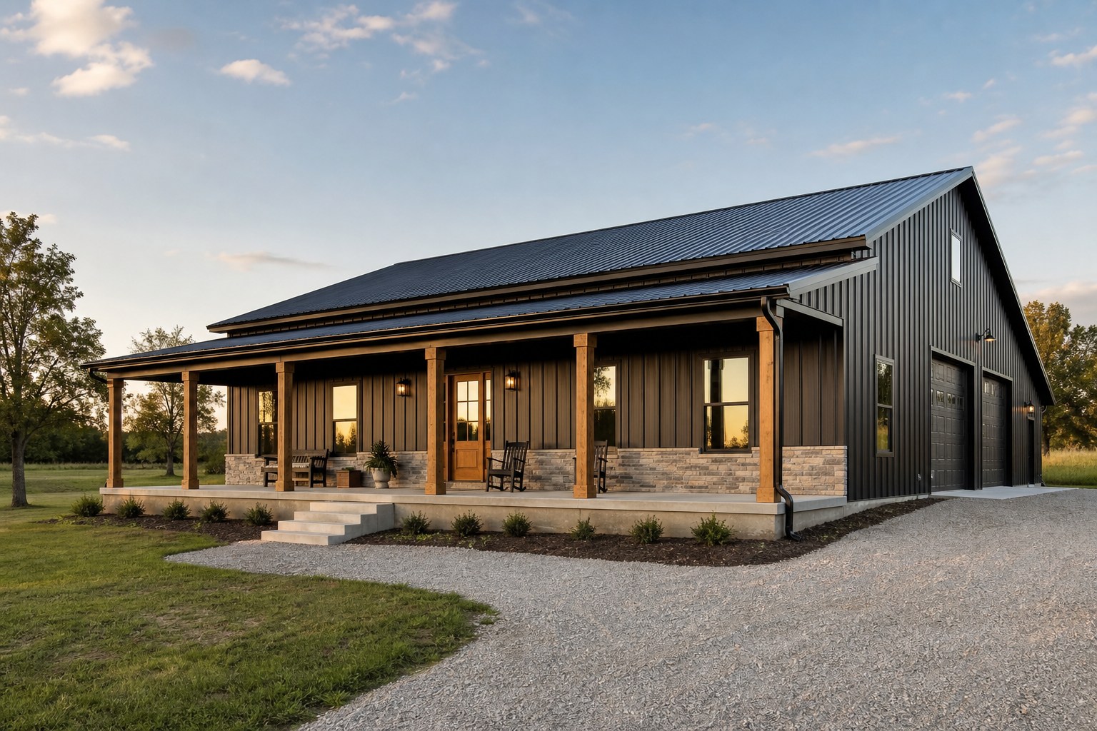 Completed modern barndominium with dark metal siding, broad covered porch, and gravel drive at golden hour