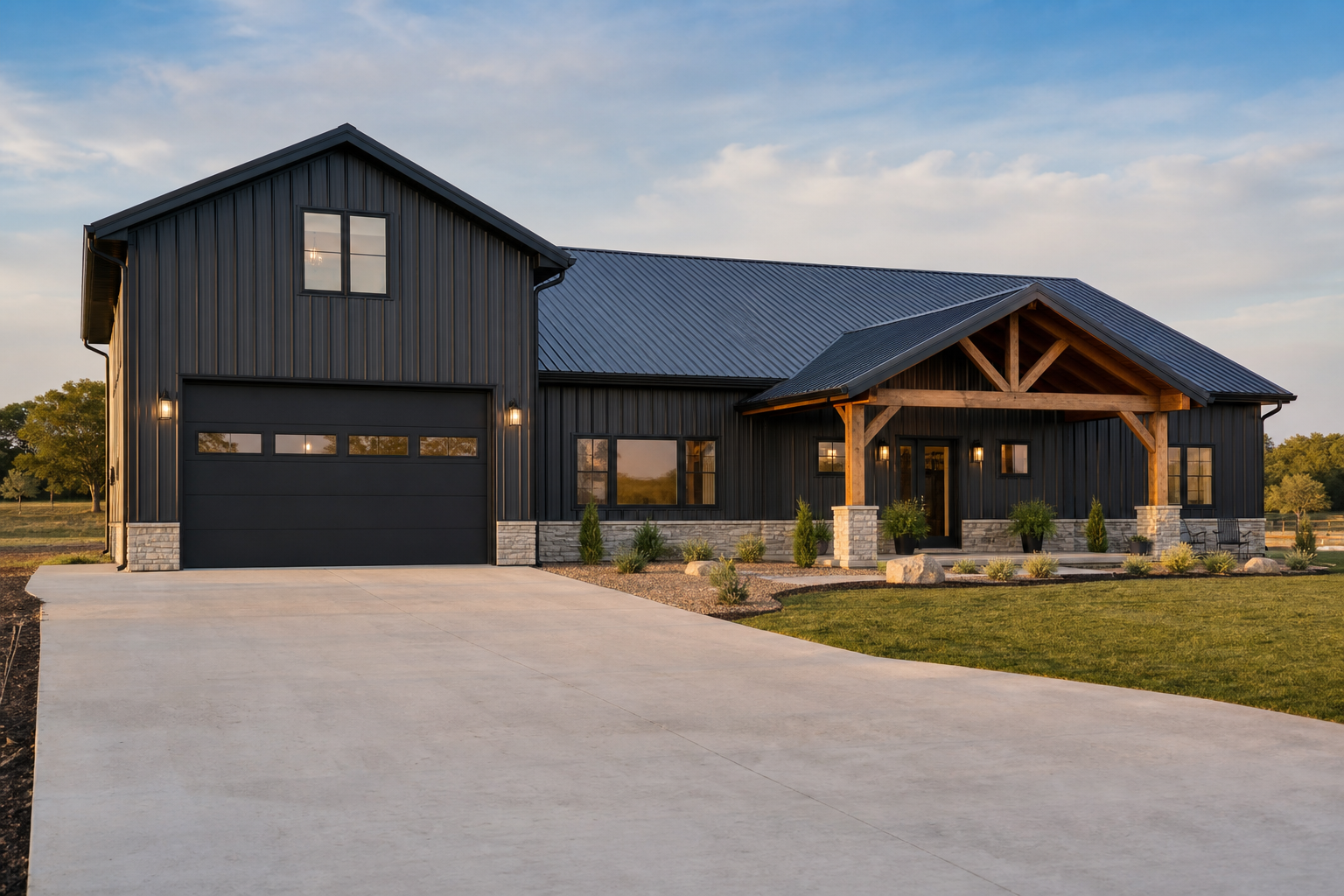 Modern barndominium exterior with metal siding, covered entry, and wide driveway