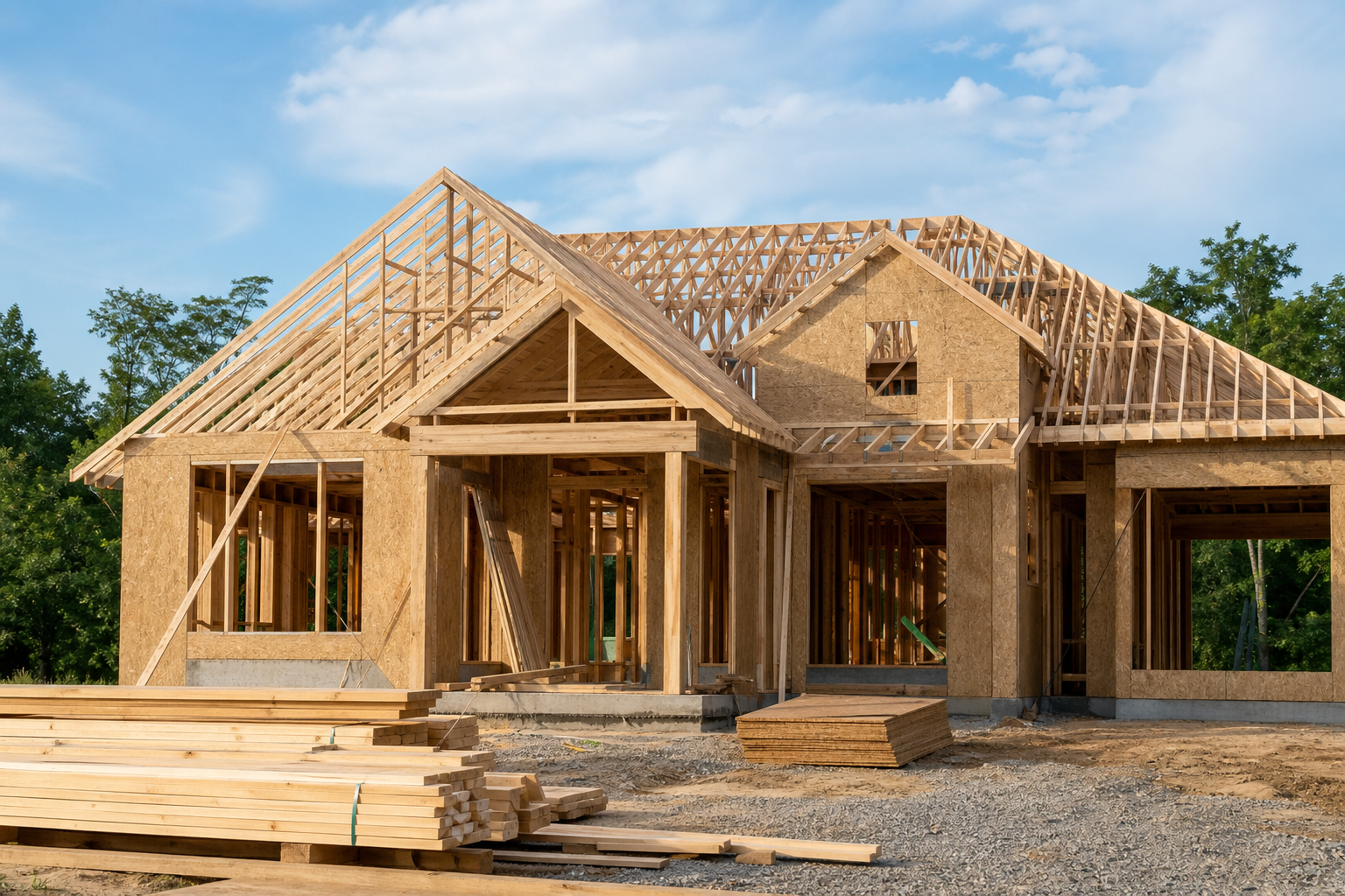 Framed custom home under construction with clean roof lines and lumber staging