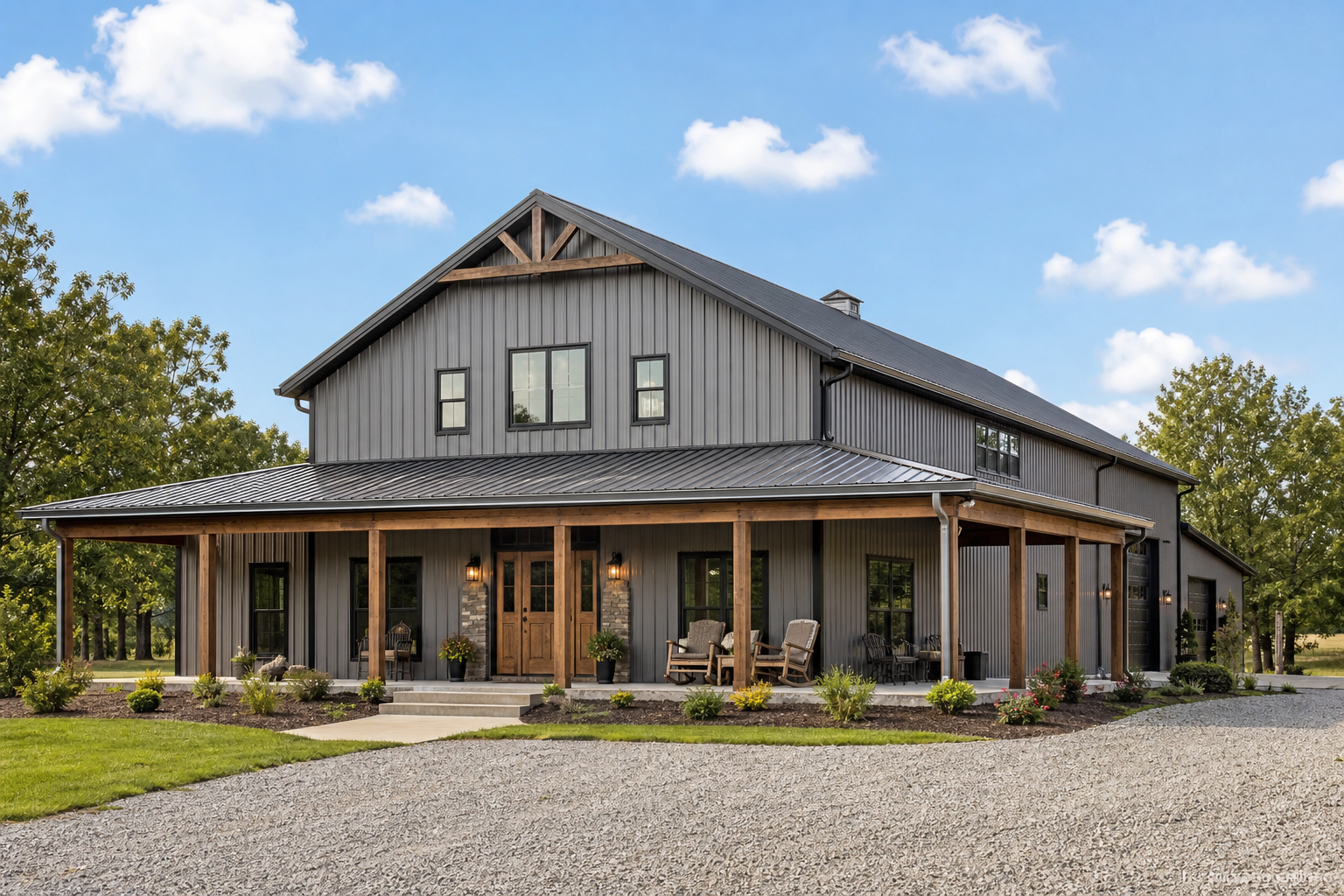 Finished custom barndominium exterior with clean landscaping and a wide front porch
