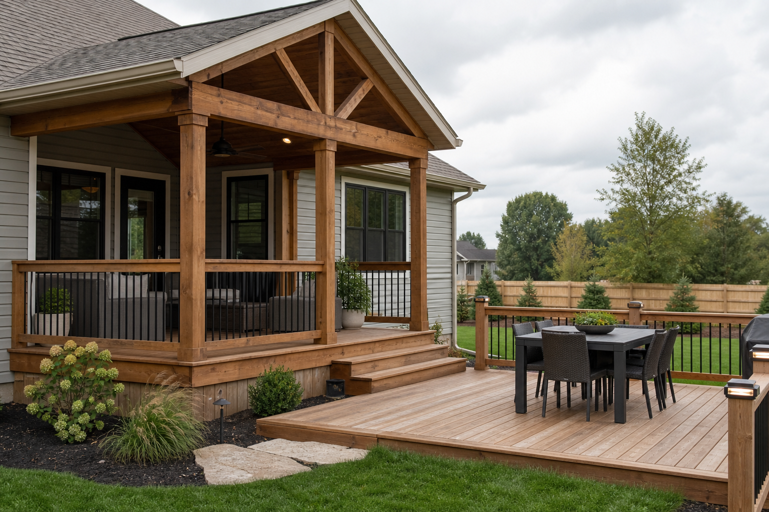 Finished backyard deck and covered porch with timber posts and railings