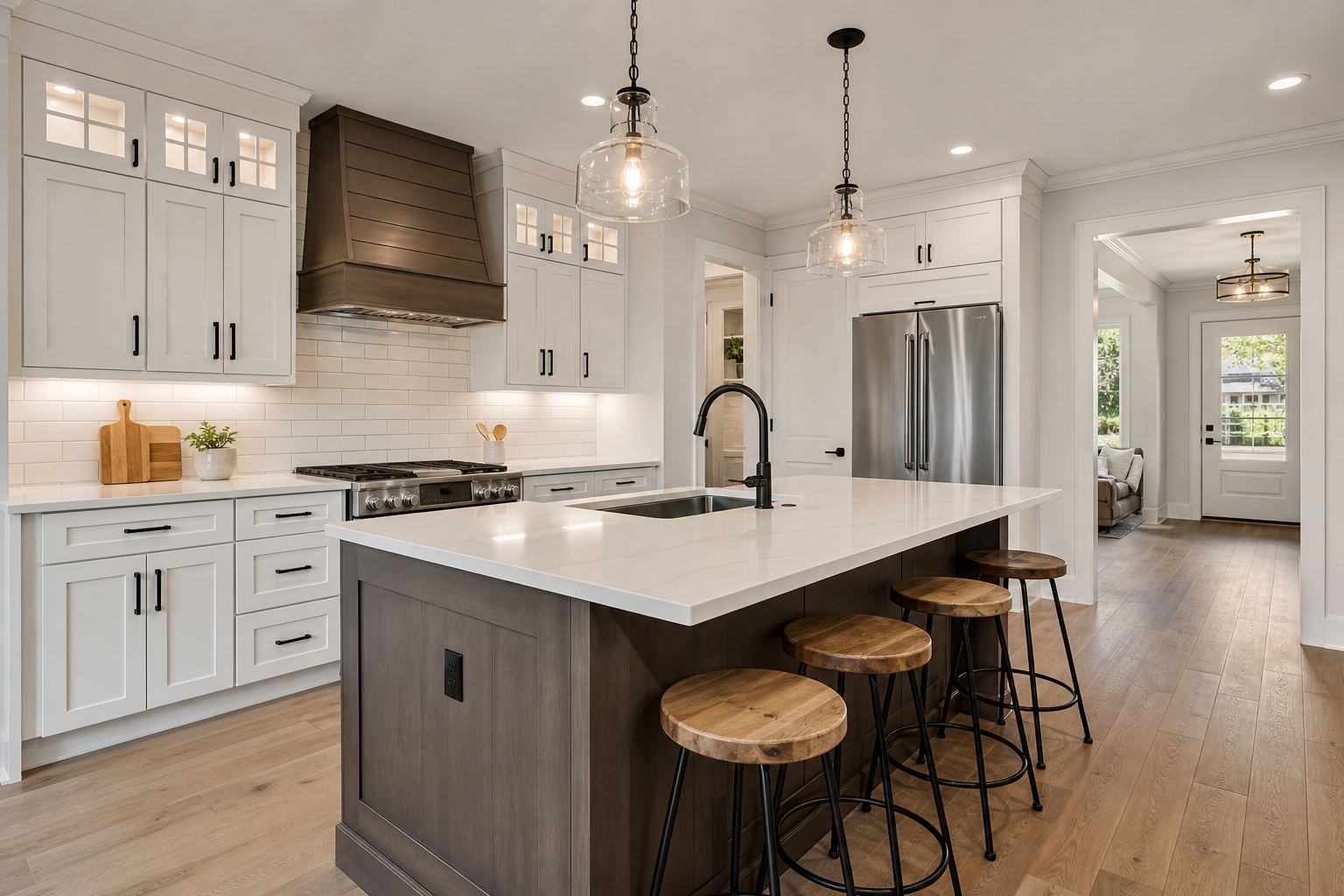 Interior remodel with updated kitchen cabinetry, island, and construction finishing work