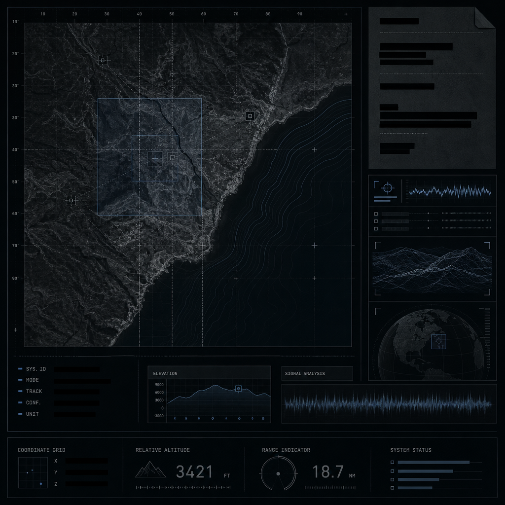 Cinematic command-center screen with drone telemetry, tactical maps, and multi-panel dashboards in a high-end operations room