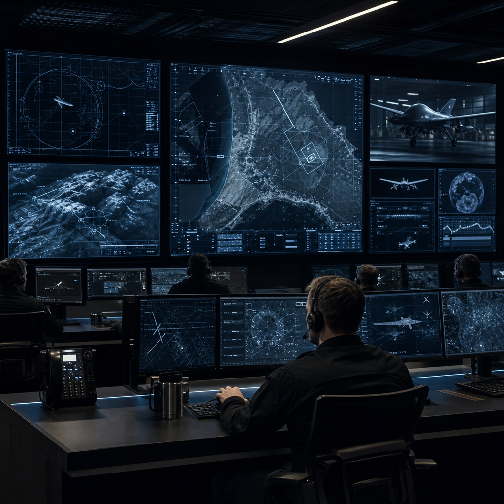 Special forces team coordinating a night operation in a command post with drone ISR feeds and tactical overlays, cinematic lighting, matte-black and steel-blue tones, modern tactical gear, no logos or flags