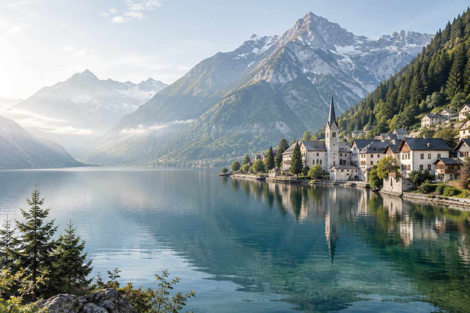 A peaceful Alpine lake below a pale stone mountain village, with evergreen slopes, clear water, and gentle morning light.