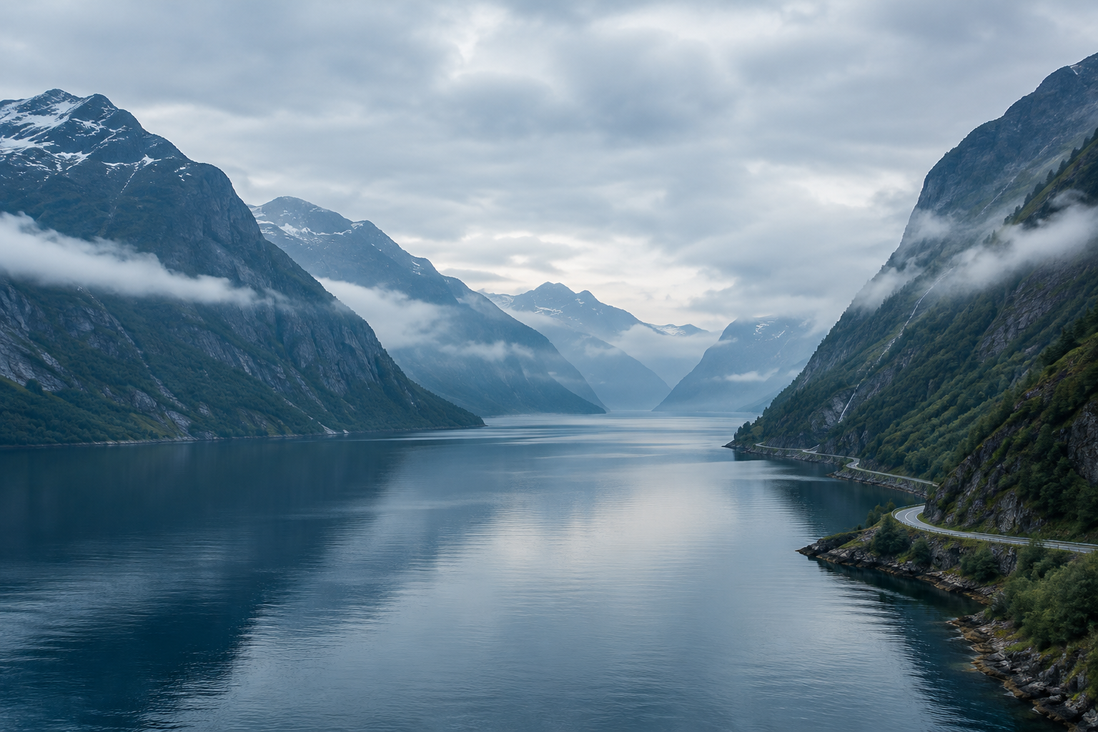 A quiet Norwegian fjord framed by steep slate-blue mountains, low drifting mist, and a narrow road tracing the distant shoreline