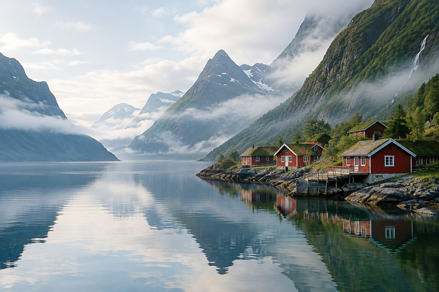 A small cluster of warm red timber cabins beside a still Norwegian fjord, framed by steep green mountains and soft morning mist.