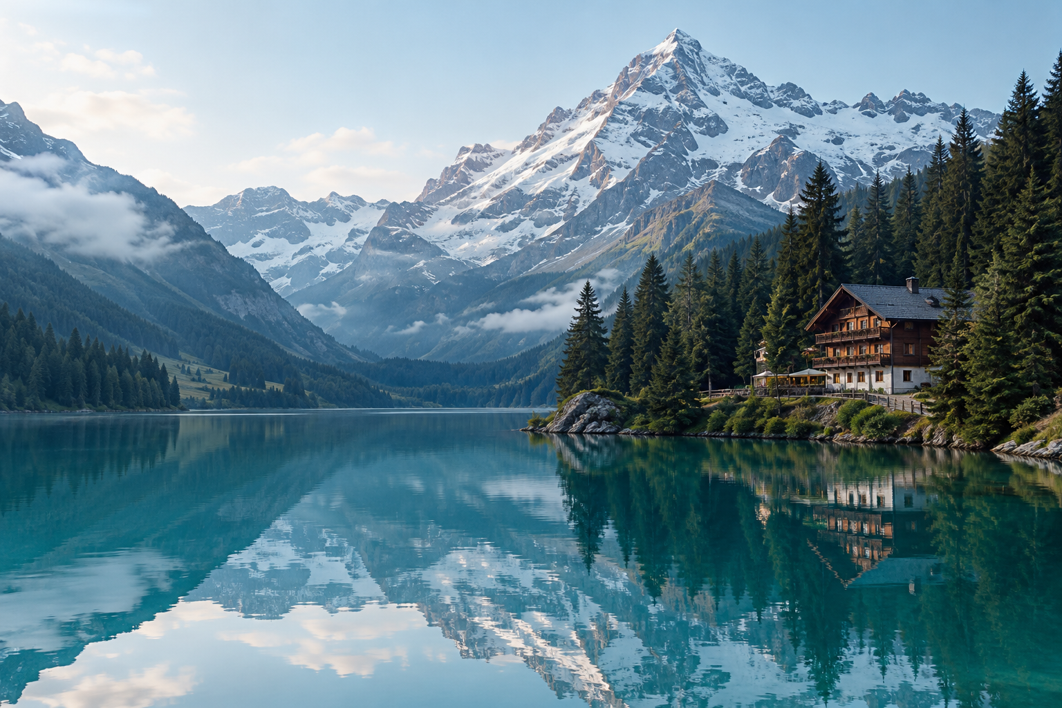 Still turquoise Alpine lake reflecting snow-dusted peaks, with a timber inn nestled among dark evergreen trees