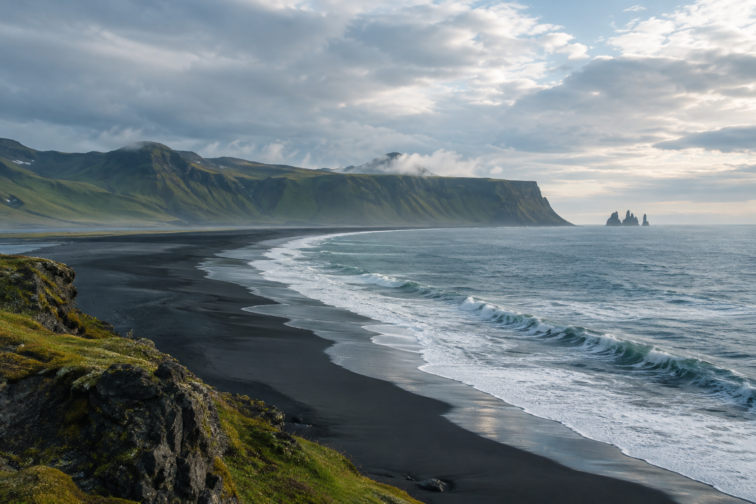 Wide Icelandic south coast beneath a cloud-brushed sky, with a dark volcanic shoreline and distant green cliffs