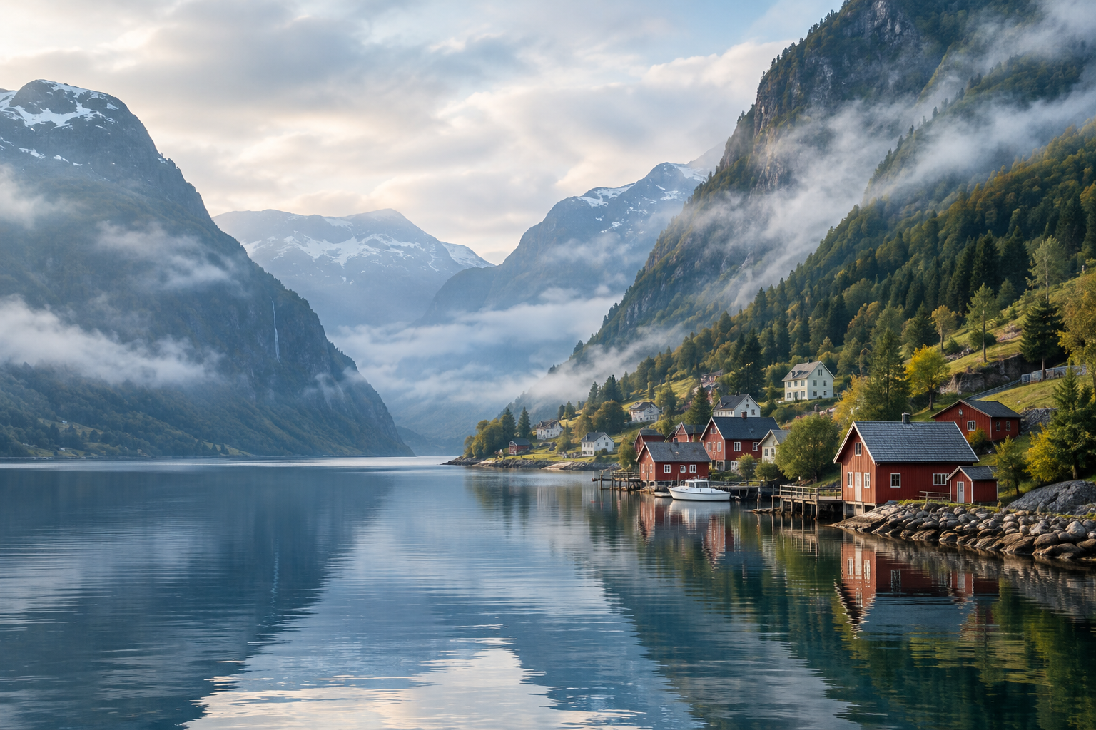 Norwegian fjord framed by steep forested mountains, with a small red waterside village under soft morning mist