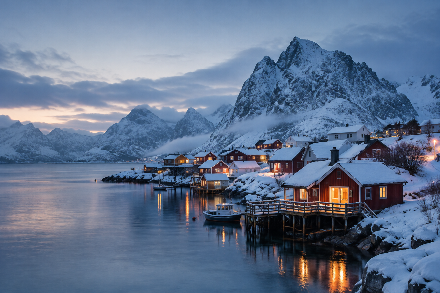 Snow-covered northern Norwegian fishing village at blue hour, with warm cabin windows beneath a pale winter sky