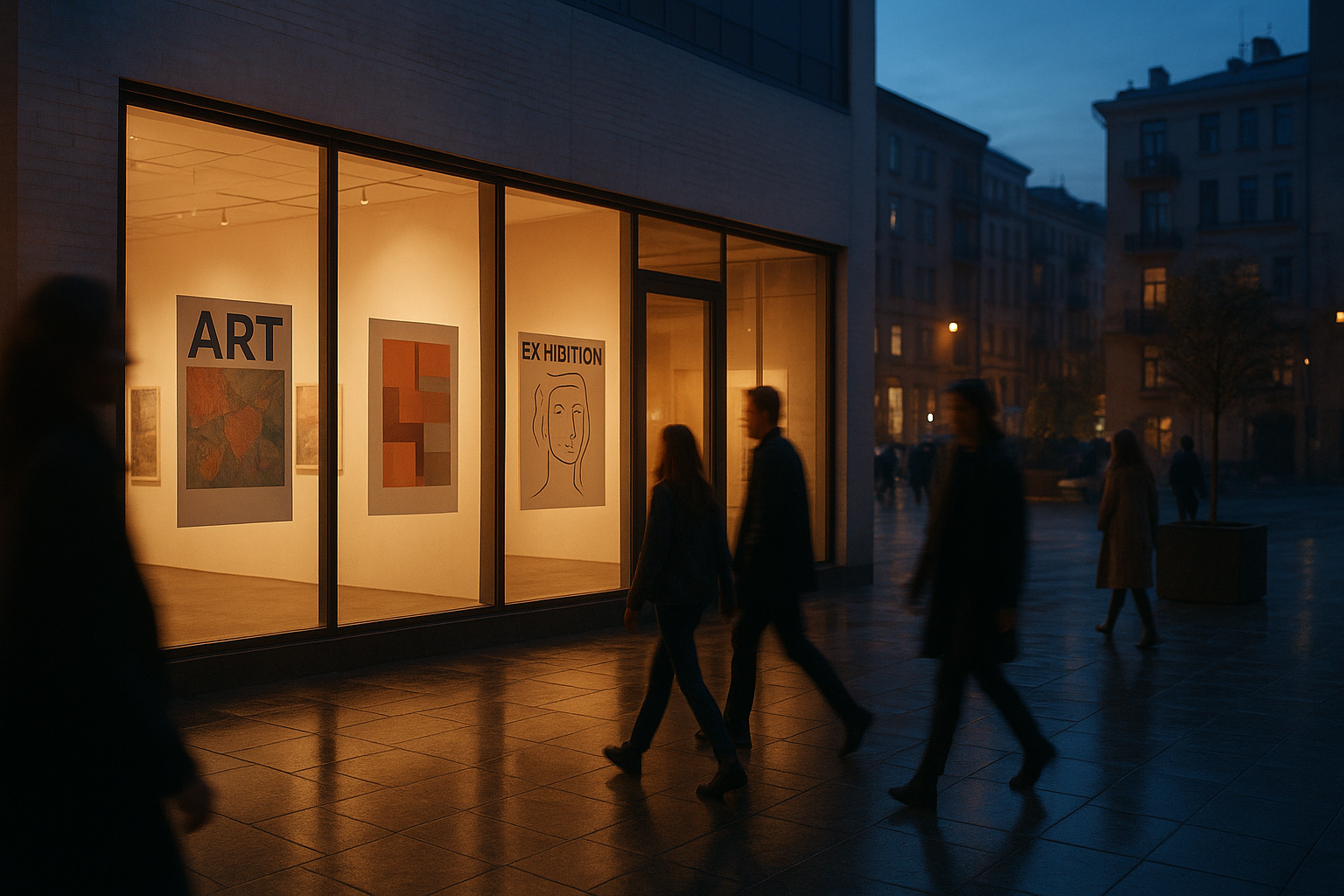 Atmospheric Kyiv cultural scene at dusk with people moving through a contemporary exhibition and city event lights in the background