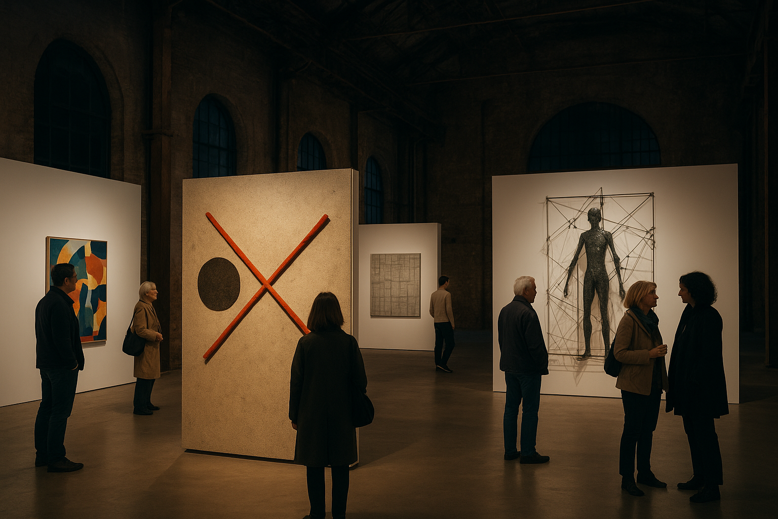 Wide editorial photo of a contemporary Kyiv exhibition hall with visitors viewing large installation pieces under warm gallery lighting