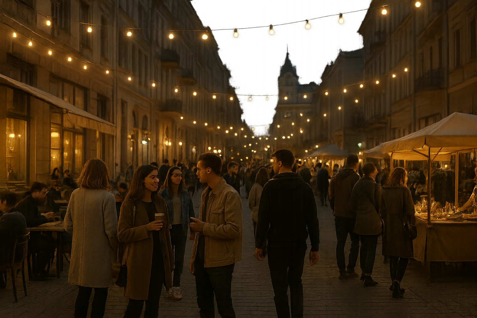Evening street social event in central Kyiv with people mingling near lit café terraces and cultural pop-up stalls