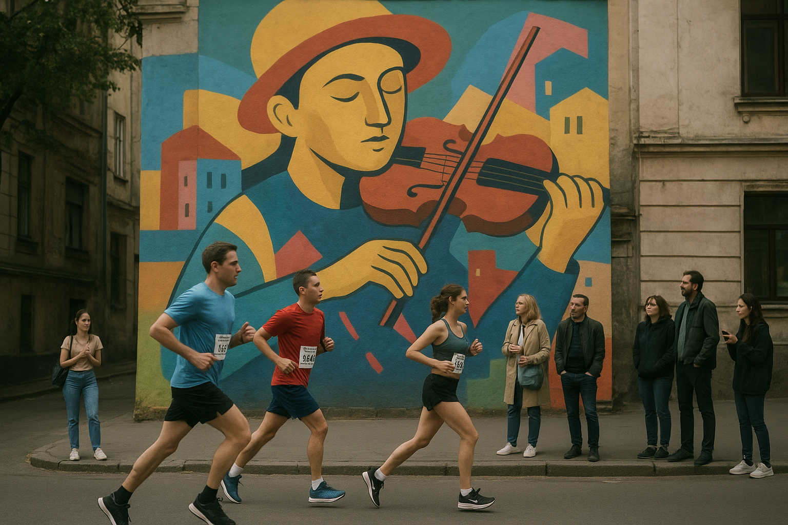 Dynamic city scene with runners passing a public art wall during a weekend Kyiv street event with spectators