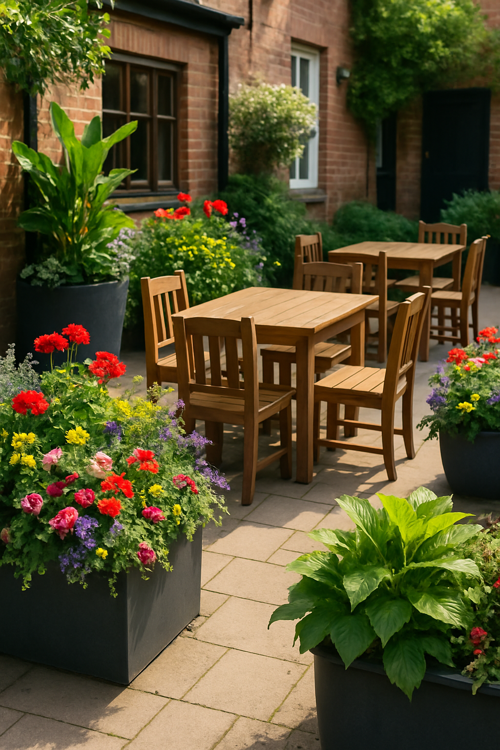 Well-presented seasonal planting display beside outdoor pub seating with planters and greenery
